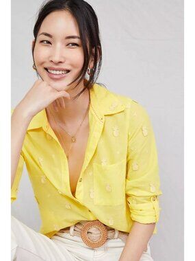 Maeve Yellow Whimsical Pineapple Embroidery Button-Down Shirt